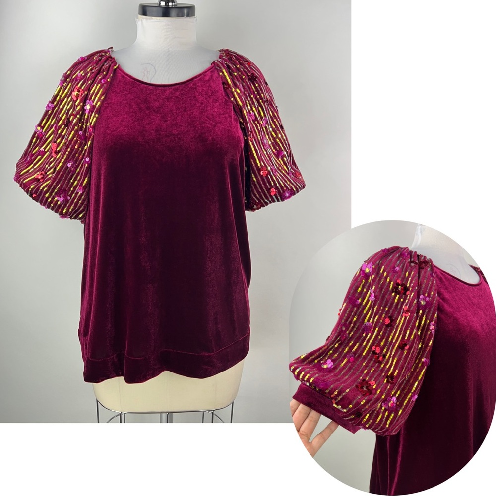💚 3075. Velour Sequence Puff Sleeve Blouse